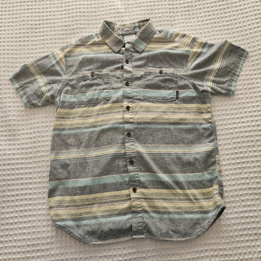 Columbia Men's M Gray Yellow Striped Hemp Cotton Short Sleeve Button-Up Shirt